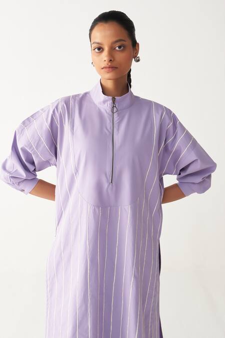 Buy_Three_Lavender Poplin, Cotton Embroidery Collared U-yoke Tunic Co-ord _Online_at_Aza_Fashions