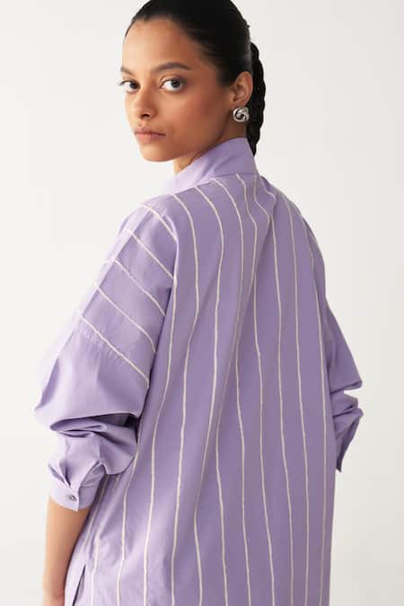 Shop_Three_Lavender Poplin, Cotton Embroidery Collared U-yoke Tunic Co-ord _Online_at_Aza_Fashions
