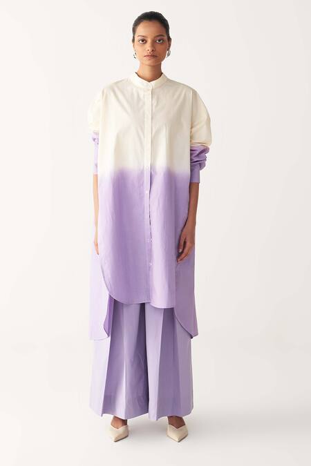 Buy_Three_Lavender Poplin Button-down Neck Dip-dye Tunic And Inverted Box Pleat Pant _Online_at_Aza_Fashions