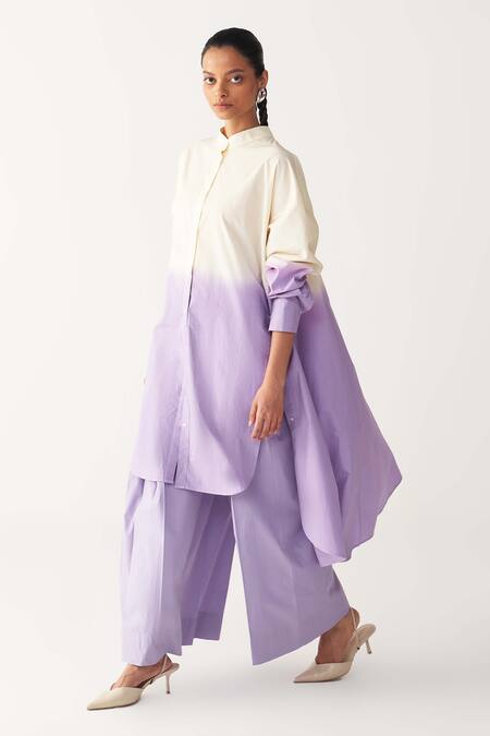 Shop_Three_Lavender Poplin Button-down Neck Dip-dye Tunic And Inverted Box Pleat Pant _Online_at_Aza_Fashions