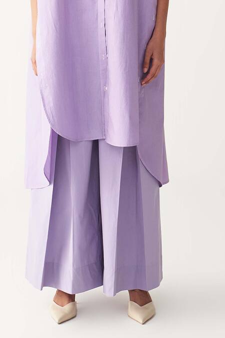 Three_Lavender Poplin Button-down Neck Dip-dye Tunic And Inverted Box Pleat Pant _at_Aza_Fashions