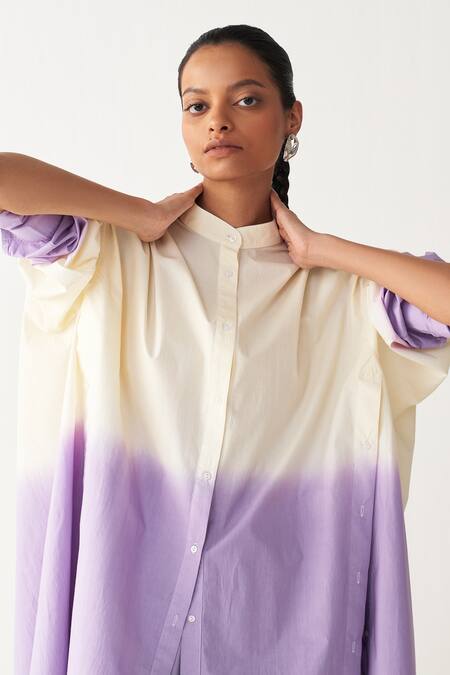 Buy_Three_Lavender Poplin Button-down Neck Dip-dye Tunic And Inverted Box Pleat Pant 