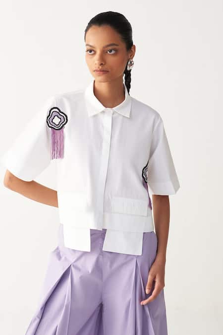 Three_White Poplin Embroidery, Fringe Beaded Crop Shirt And Inverted Box Pleat Pant _Online_at_Aza_Fashions