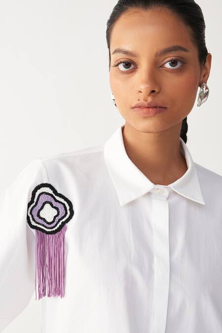 Three_White Poplin Embroidery, Fringe Beaded Crop Shirt And Inverted Box Pleat Pant _at_Aza_Fashions