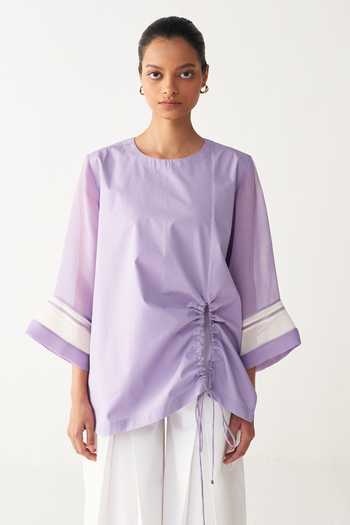 Three_Lavender Poplin Round Neck Purple Drawstring Top And White Pant _Online_at_Aza_Fashions