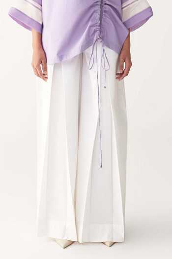 Buy_Three_Lavender Poplin Round Neck Purple Drawstring Top And White Pant _Online_at_Aza_Fashions