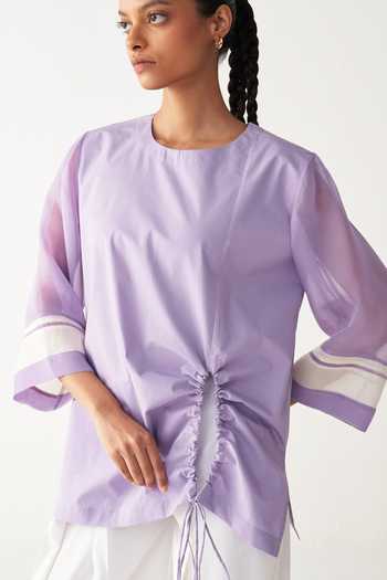 Shop_Three_Lavender Poplin Round Neck Purple Drawstring Top And White Pant _Online_at_Aza_Fashions