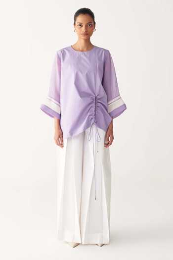 Three_Lavender Poplin Round Neck Purple Drawstring Top And White Pant _at_Aza_Fashions