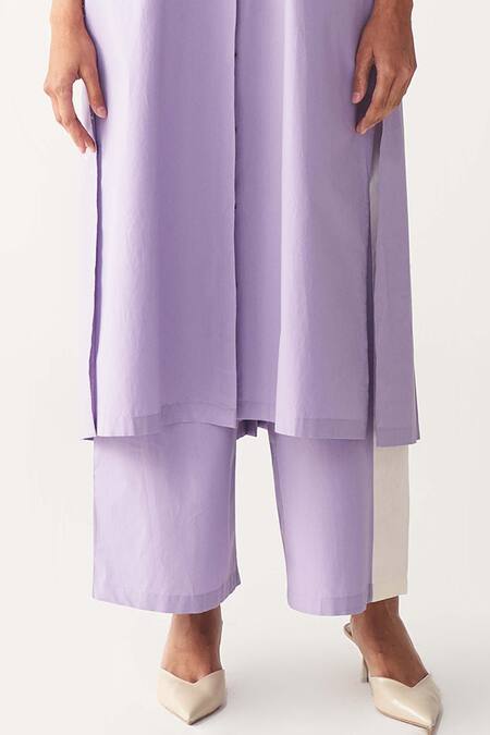 Three_Lavender Poplin Mandarin Collar Purple Back Pleat Kurta Co-ord _Online_at_Aza_Fashions