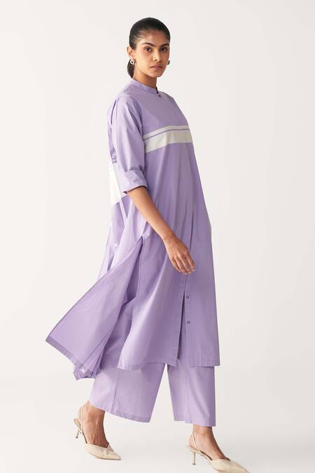Shop_Three_Lavender Poplin Mandarin Collar Purple Back Pleat Kurta Co-ord _Online_at_Aza_Fashions
