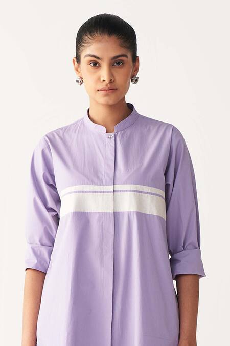 Three_Lavender Poplin Mandarin Collar Purple Back Pleat Kurta Co-ord _at_Aza_Fashions