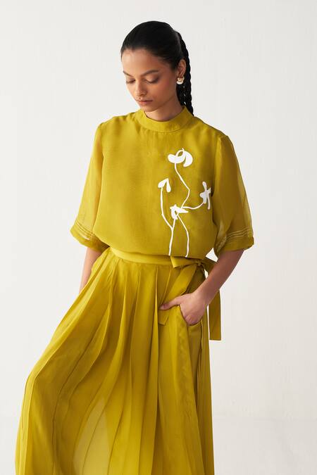 Three_Green Organza, Silk, Crepe Round Neck Lime Poppy Top Co-ord Set _Online_at_Aza_Fashions