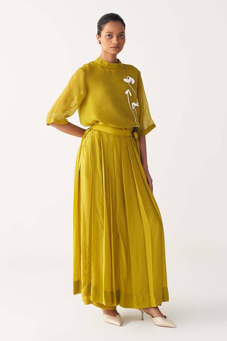 Buy_Three_Green Organza, Silk, Crepe Round Neck Lime Poppy Top Co-ord Set _Online_at_Aza_Fashions