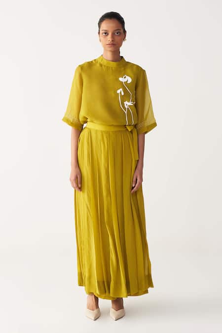 Shop_Three_Green Organza, Silk, Crepe Round Neck Lime Poppy Top Co-ord Set _Online_at_Aza_Fashions