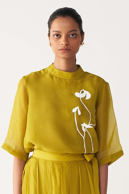 Three_Green Organza, Silk, Crepe Round Neck Lime Poppy Top Co-ord Set _at_Aza_Fashions