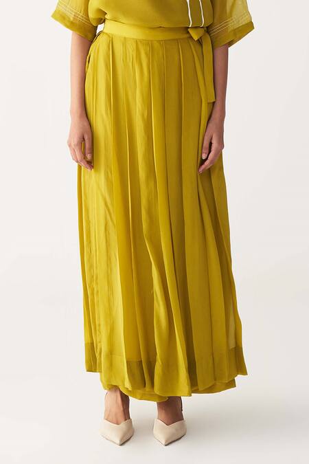 Buy_Three_Green Organza, Silk, Crepe Round Neck Lime Poppy Top Co-ord Set 