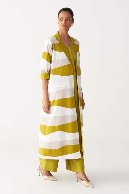 Buy_Three_Lavender Crepe, Bemberg, Silk Open Neck, Lime Green Applique Jacket Co-ord Set _Online_at_Aza_Fashions