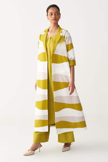 Three_Lavender Crepe, Bemberg, Silk Open Neck, Lime Green Applique Jacket Co-ord Set _at_Aza_Fashions