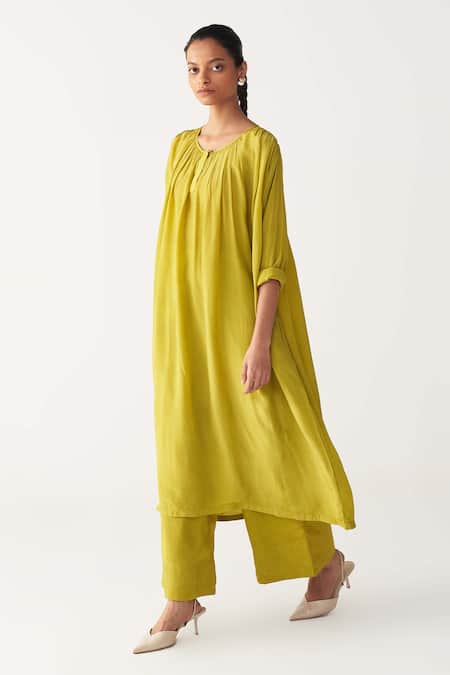 Three_Green Bemberg, Silk Gather Neck Lime Co-ord Set _Online_at_Aza_Fashions