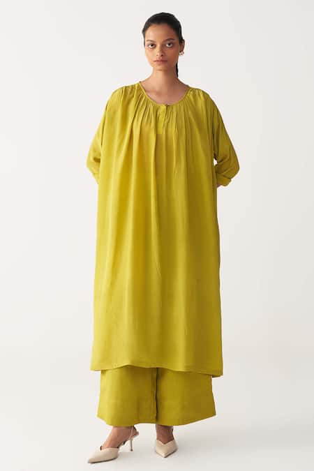 Shop_Three_Green Bemberg, Silk Gather Neck Lime Co-ord Set _Online_at_Aza_Fashions