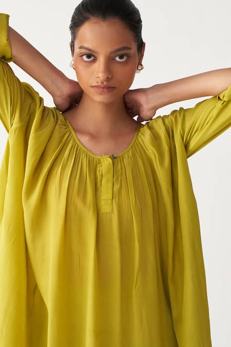 Three_Green Bemberg, Silk Gather Neck Lime Co-ord Set _at_Aza_Fashions