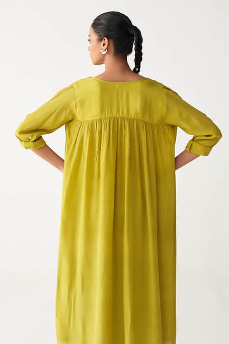 Buy_Three_Green Bemberg, Silk Gather Neck Lime Co-ord Set 