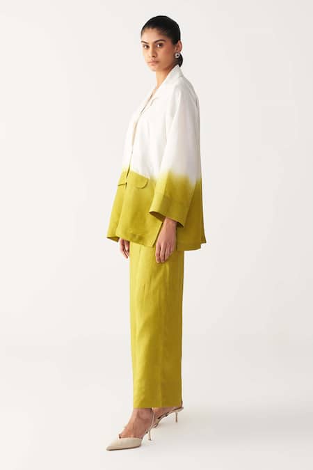 Three Ivory Silk Collared Lime Green Dip-dye Jacket And Pant Set Online at Aza Fashions Three_Ivory Silk Collared Lime Green Dip-dye Jacket And Pant Set _Online_at_Aza_Fashions