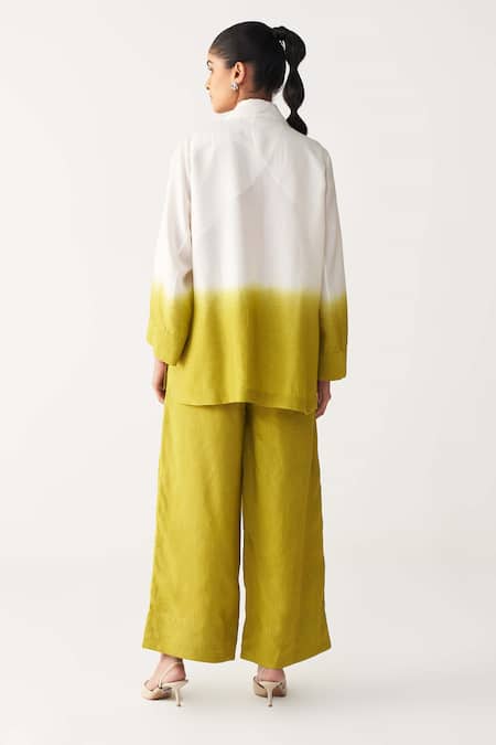 Shop Three Ivory Silk Collared Lime Green Dip-dye Jacket And Pant Set at Aza Fashions Shop_Three_Ivory Silk Collared Lime Green Dip-dye Jacket And Pant Set _at_Aza_Fashions