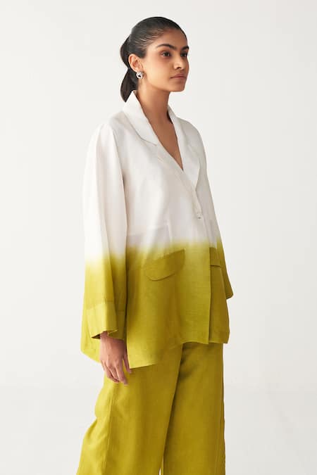 Buy Three Ivory Silk Collared Lime Green Dip-dye Jacket And Pant Set Online at Aza Fashions Buy_Three_Ivory Silk Collared Lime Green Dip-dye Jacket And Pant Set _Online_at_Aza_Fashions