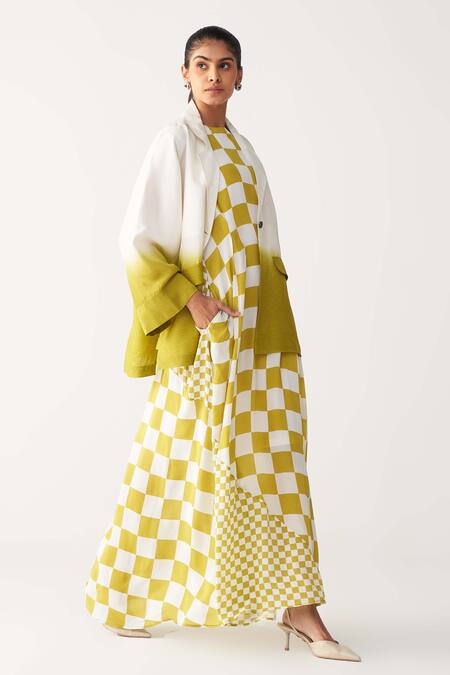 Three_Green Silk, Crepe Open Neck, High Dip Dye Jacket And Asymmetric Dress Co-ord Set _Online_at_Aza_Fashions