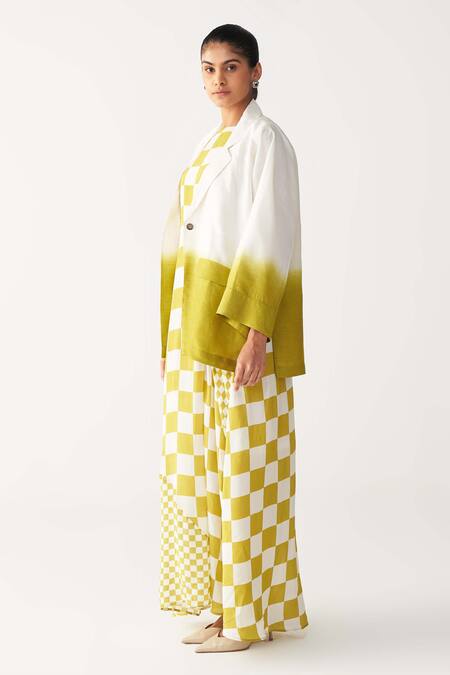 Buy_Three_Green Silk, Crepe Open Neck, High Dip Dye Jacket And Asymmetric Dress Co-ord Set _Online_at_Aza_Fashions