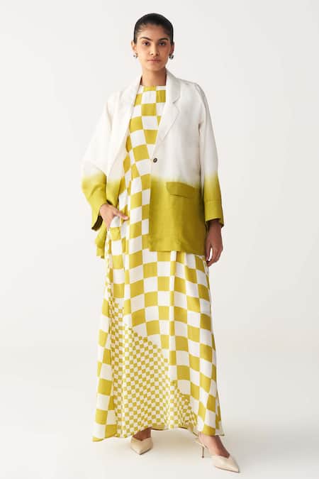 Shop_Three_Green Silk, Crepe Open Neck, High Dip Dye Jacket And Asymmetric Dress Co-ord Set _Online_at_Aza_Fashions