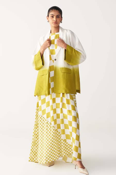 Three Green Silk, Crepe Open Neck, High Dip Dye Jacket And Asymmetric Dress Co-ord Set