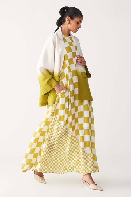 Three_Green Silk, Crepe Open Neck, High Dip Dye Jacket And Asymmetric Dress Co-ord Set _at_Aza_Fashions