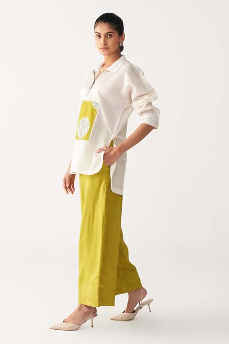 Three_Ivory Chanderi, Silk Embroidery Collared Patch U Hem Shirt And Pant Set _Online_at_Aza_Fashions
