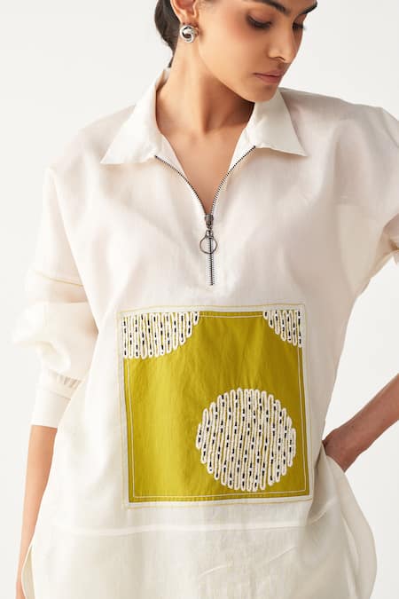 Buy_Three_Ivory Chanderi, Silk Embroidery Collared Patch U Hem Shirt And Pant Set _Online_at_Aza_Fashions