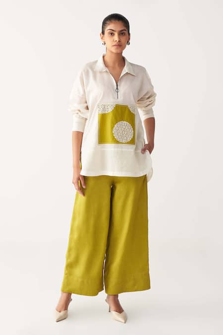 Three Ivory Chanderi, Silk Embroidery Collared Patch U Hem Shirt And Pant Set 