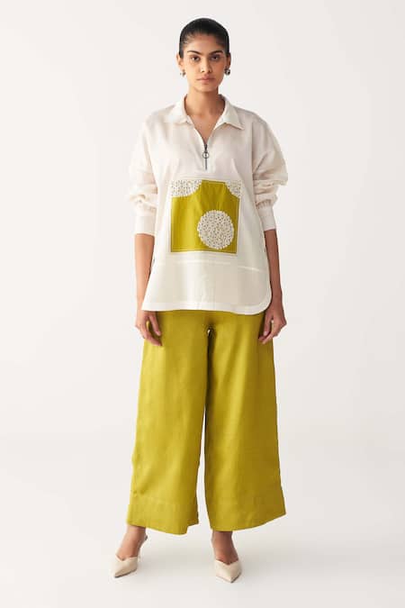 Three_Ivory Chanderi, Silk Embroidery Collared Patch U Hem Shirt And Pant Set _at_Aza_Fashions