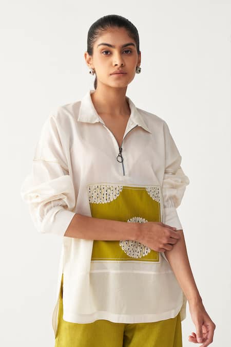 Buy_Three_Ivory Chanderi, Silk Embroidery Collared Patch U Hem Shirt And Pant Set 