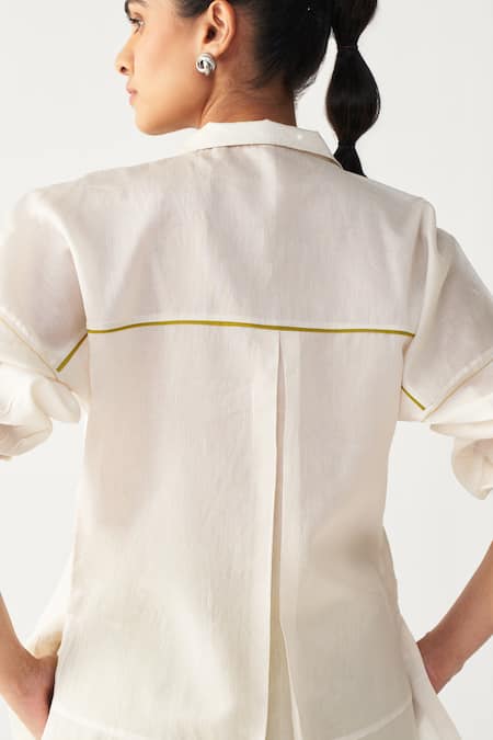 Shop_Three_Ivory Chanderi, Silk Embroidery Collared Patch U Hem Shirt And Pant Set 