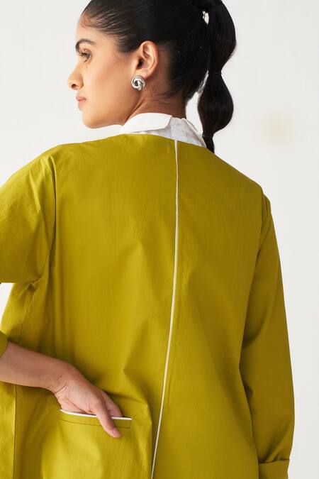 Three_Green Poplin Embroidery Collared Infinity Jacket Co-ord Set _Online_at_Aza_Fashions