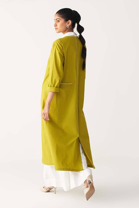 Buy_Three_Green Poplin Embroidery Collared Infinity Jacket Co-ord Set _Online_at_Aza_Fashions