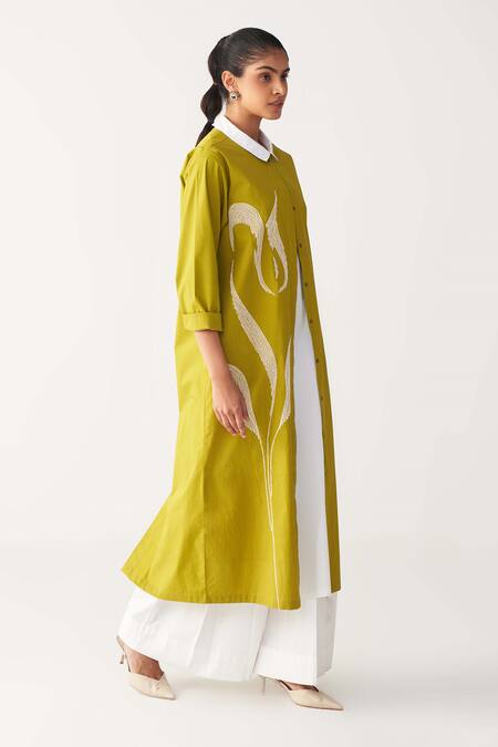 Shop_Three_Green Poplin Embroidery Collared Infinity Jacket Co-ord Set _Online_at_Aza_Fashions