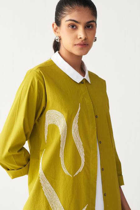 Buy_Three_Green Poplin Embroidery Collared Infinity Jacket Co-ord Set 