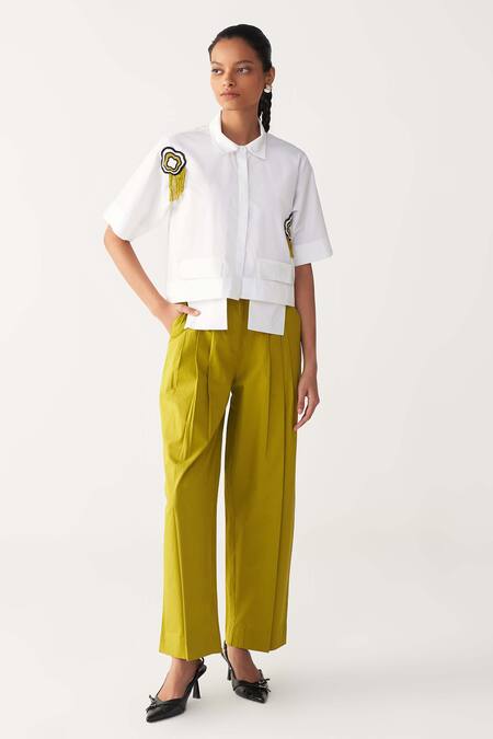 Three_White Poplin Beads, Fringe Collared Beaded Crop Shirt And Three Pleat Pant _Online_at_Aza_Fashions