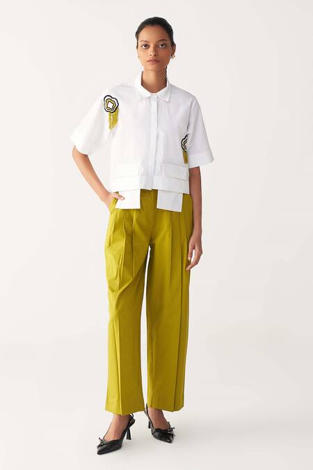 Three_White Poplin Beads, Fringe Collared Beaded Crop Shirt And Three Pleat Pant _at_Aza_Fashions