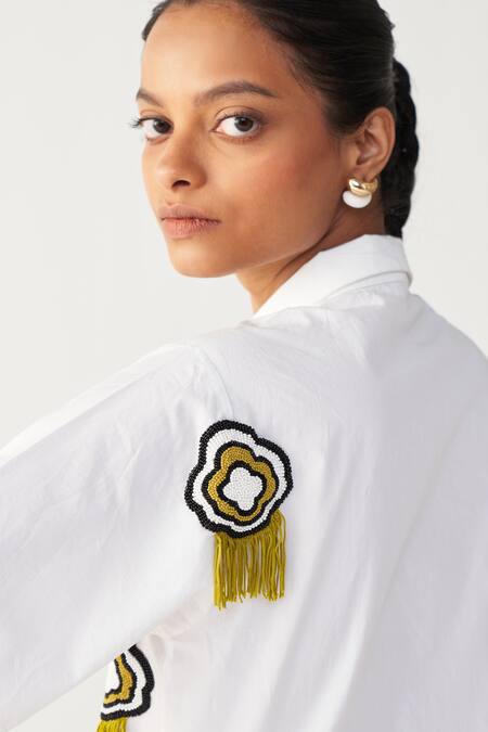 Shop_Three_White Poplin Beads, Fringe Collared Beaded Crop Shirt And Three Pleat Pant 