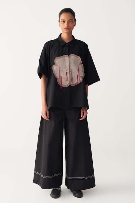 Three Floral Applique Black Shirt & Wide Legged Pant Set