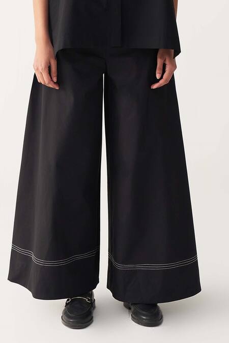 Buy_Three_Black Poplin Applique, Fringe, Embroidery Floral Shirt And Wide Legged Pant Set _Online_at_Aza_Fashions