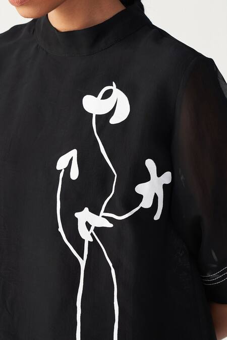 Three_Black Organza, Poplin Embroidery High Neck Poppy Print Top And Pant Set _Online_at_Aza_Fashions